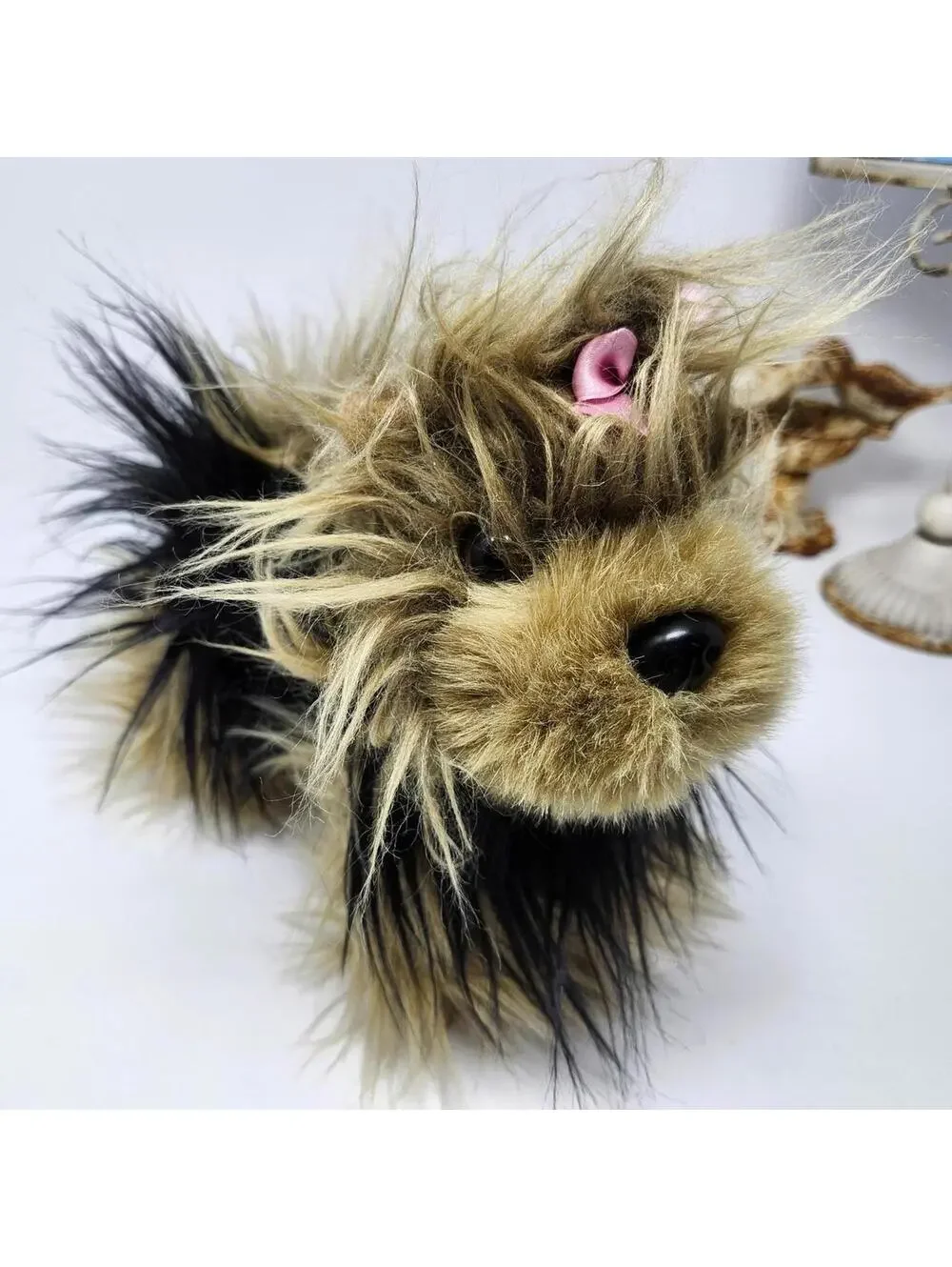 Yorkie Puppy Dog Plush Stuffed Animal Toy Brown Black Pink Bow 11 Inch